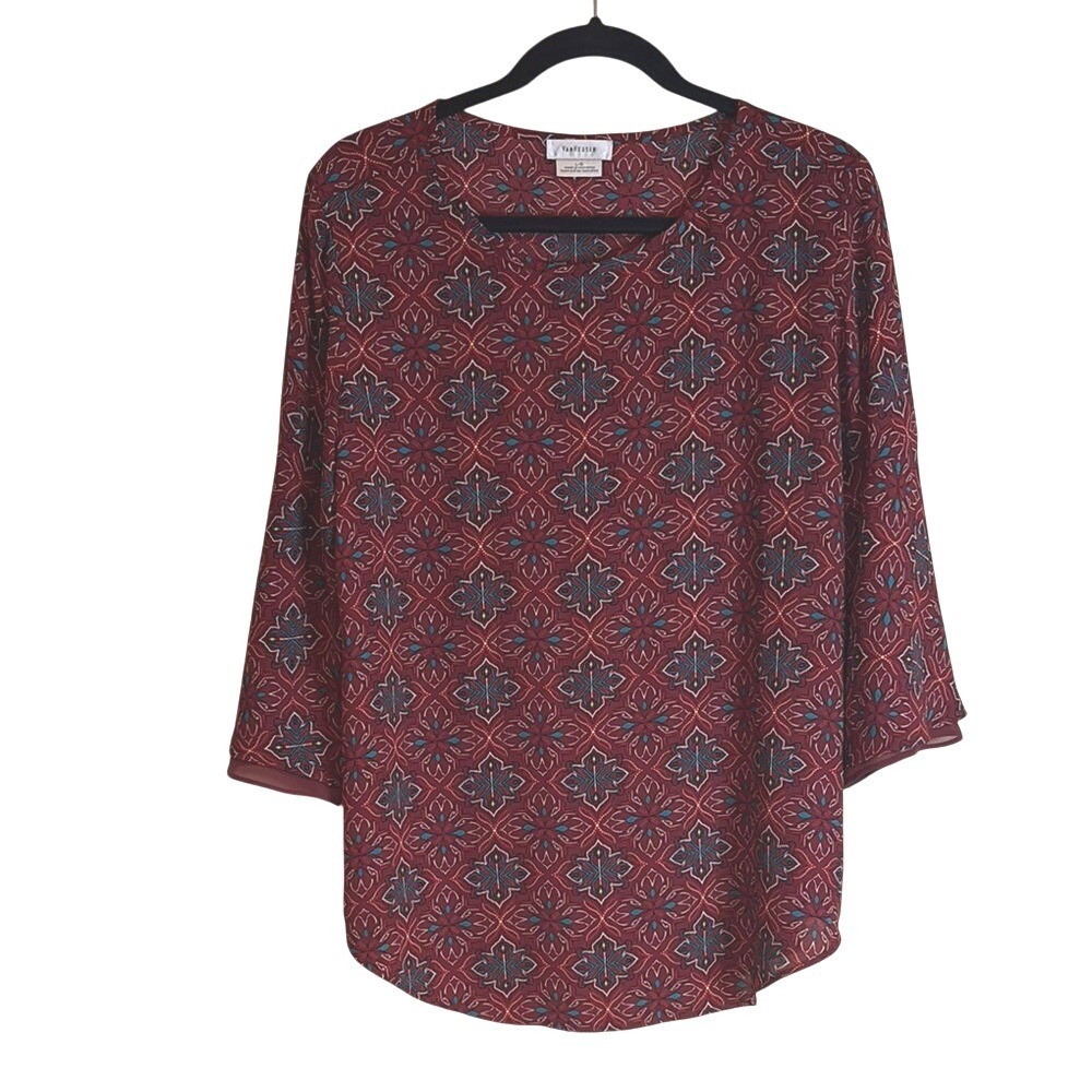 VANHEUSEN Womens Geometric Print Tunic Top Shirt L G Burgundy Long Sleeve